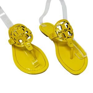 TORY BURCH Yellow Patent Leather Naplak Miller Logo Sandals Slides Flip Flops 7